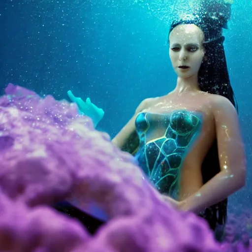Prompt: beautiful robot mermaid in emotional movement, underwater photography and light scattering, water refractions turned out impressive imho,