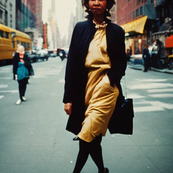 Prompt: medium format film candid portrait of a walking woman in new york by street photographer from the 1 9 6 0 s, hasselblad film woman portrait featured on unsplash, expired colour film,
