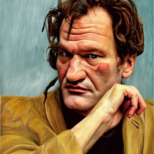 Image similar to high quality high detail painting by lucian freud, hd, portrait of tarantino