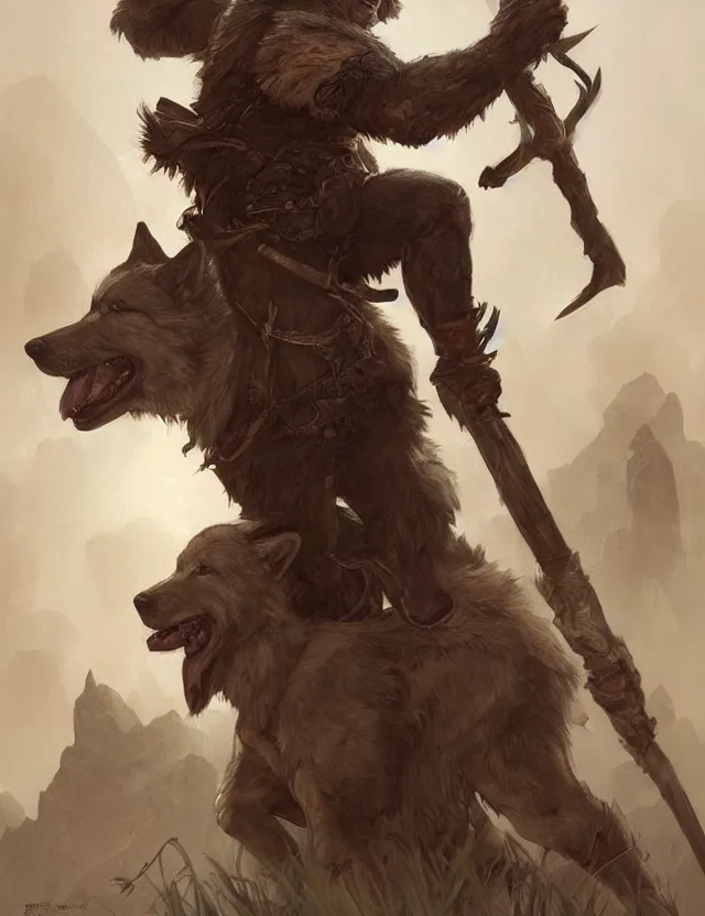 Image similar to portrait of a gruff ranger holding a spear, accompanied by a wolf dog, muscular, upper body, hairy body, D&D, fantasy, intricate, elegant, highly detailed, digital painting, artstation, concept art, matte, sharp focus, illustration, art by Artgerm and Greg Rutkowski and Alphonse Mucha