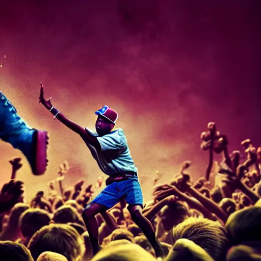 Prompt: cinematic shot epic portrait tyler the creator kicking his fans on stage, hyper realistic, mood lighting, fantasy, detailed face, highly detailed, super realistic, perfect lighting pixel sorting