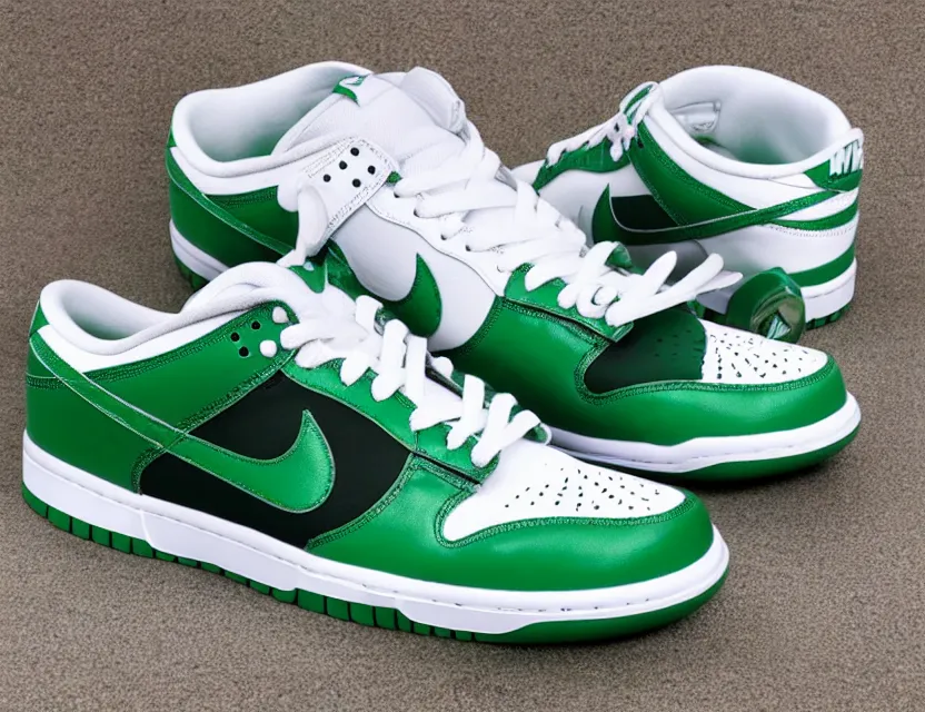 Image similar to a press photograph of nike dunk low pine green and white, size 1 0, white background