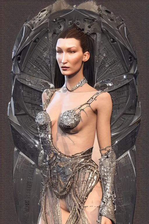 Prompt: a highly detailed 4 k render portrait of a beautiful tall alien goddess bella hadid in iris van herpen dress armor schiaparelli in diamonds and jewelry in style of alphonse mucha trending on artstation made in unreal engine 4