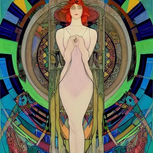 Image similar to The Goddess of Art, paint, ink, palettes, spectrum, in the style of Joshua Middleton, Mucha, Kandinsky