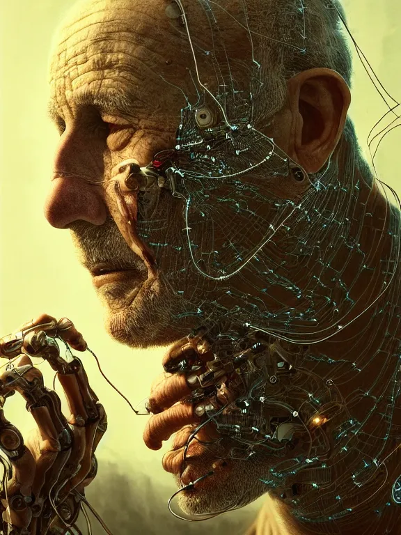 Prompt: portrait of old man, skin peeling to reveal robotic circuitry, wires, art by ryo shiotani and greg rutkowski, intricate, beautiful, portrait photography, cinematic lighting, vintage art by serge ivanoff, high resolution, very detailed