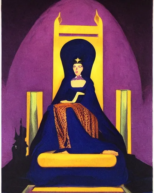 Image similar to an illustration of a queen on a throne at night in the style of johann heinrich fussli and nicholas roerich and georgia o keeffe, realistic, detailed, oil painting