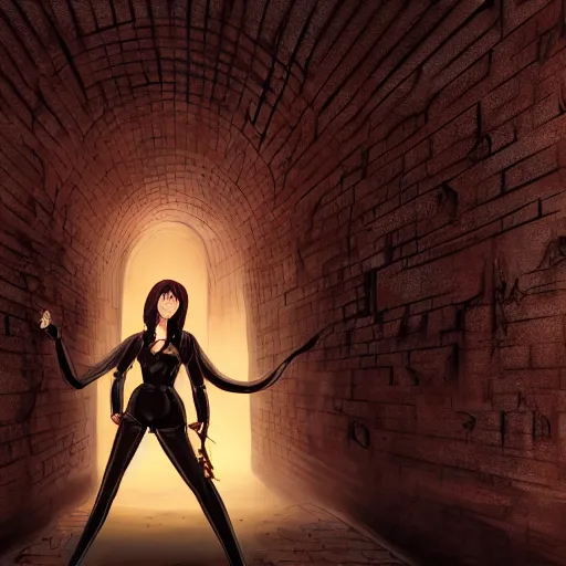 Image similar to a boy victim being intimidated by a succubus in a leather suit, devi wings, cracked brick wall, long hallway, light at the end of the tunnel, volumetric lighting, concept art, detailed, dramatic lighting, by hayao miyazaki