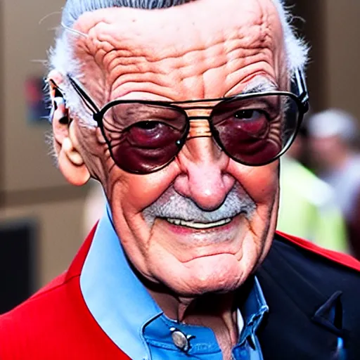 Prompt: stan lee in a spiderman - suit, realistic photo