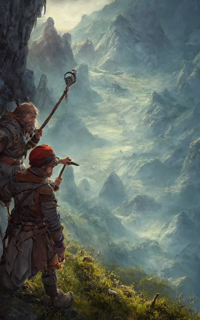 Image similar to an oil art painting of young handsome fool adventurer with hobo stick bindle rucksack, grim gwent card, gipsy mage adventurer character design from inquisition, climbing up a cliffside, 4 k, ultra detail, volumetric lighting, unreal engine, octane render