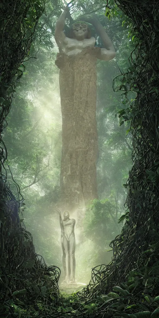 Prompt: hidden in the thick jungle, egyptian giant statue of ra wrapped in vines and overgrowth, with light from the sun breaking out from between the canopy of trees, ruins in the distance, a small man approaches showing scale of big statue, accurate to egyptian tradition, light rays breaking through tree canopy, dynamic lighting, emotional, hyper detailed, art by christophe vacher