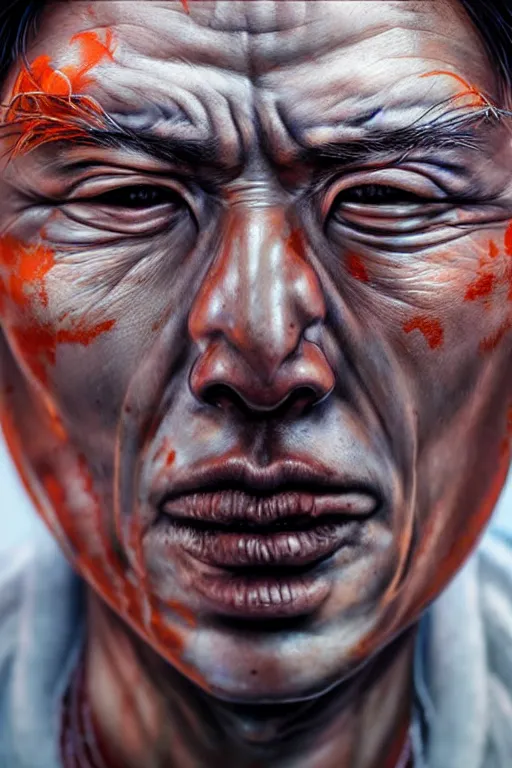 Image similar to hyperrealistic close-up graffiti exoskeleton! chinese man highly detailed concept art eric zener elson peter cinematic hard orange lighting high angle hd 8k sharp shallow depth of field