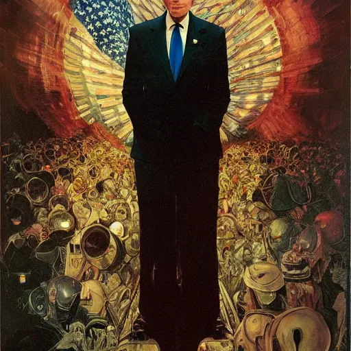 Prompt: giant distorted joe biden reconstructing the multiverse from a shattered mirror, american patriotism, perfectly clear face, by j. c. leyendecker and beksinski