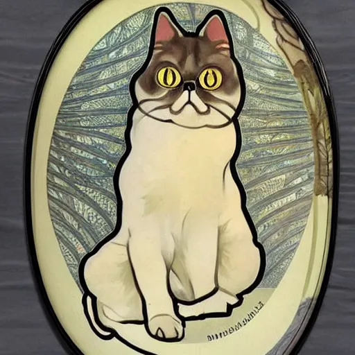 Prompt: exotic shorthair cat, solid grey, beautiful painting by beautiful potter and alphonse mucha