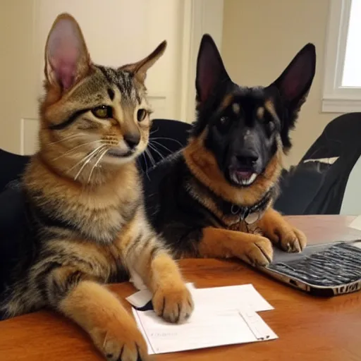 Prompt: my tabby helping my GSD write an email to list grievances about not getting enough treats, they are very serious, serious business