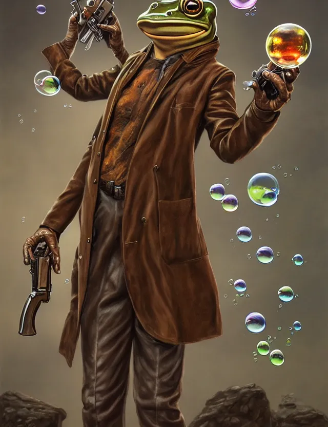 Prompt: anthropomorphic bipedal frog that is wearing a brown leather trenchcoat, and dual wielding revolver pistols, as a matte oil painting and d & d character art, by alex grey, standing, fullbody, floating bubbles, enlightenment, mystic, concept art, award - winning, extremely detailed, sharp focus