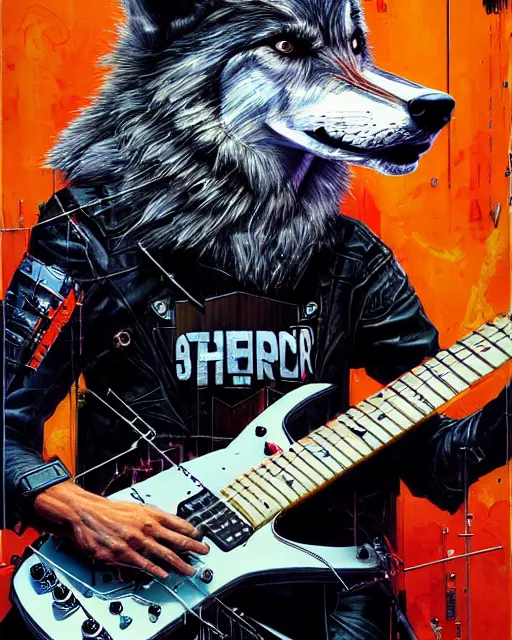 Image similar to a portrait of an anthropomorphic cyberpunk wolf shredding an electric guitar by sandra chevrier, by jon foster, detailed render, tape deck, epic composition, cybernetics, 4 k realistic, cryengine, realistic shaded lighting, sharp focus, masterpiece, by enki bilal