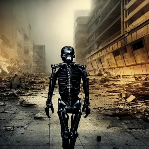 Prompt: dark picture of a metalic terminator exoskeleton walking on a destroyed city, 8 k, uhd, gloomy background, golden hour, 5 0 0 mm