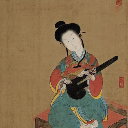 Image similar to the Chinese ancient painting of a lady playing rock guitar in Tang Dynasty , by Han Xizai