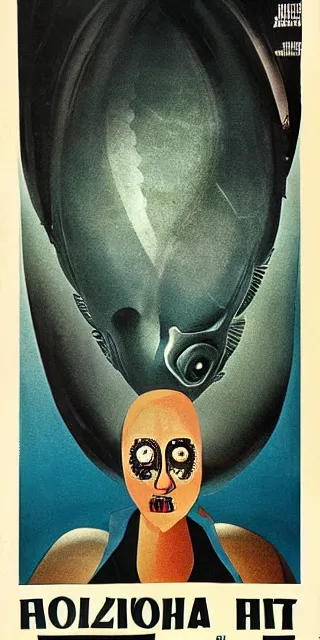 Prompt: Polish movie poster for a horror film about a woman with a fish for a head, 1983