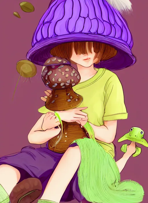 Image similar to a beautiful little girl wearing a mushroom hat sitting in her room petting a frog in her lap | | purple hair, pretty face, sharped details, in yo - jo life art style, trending on pixiv