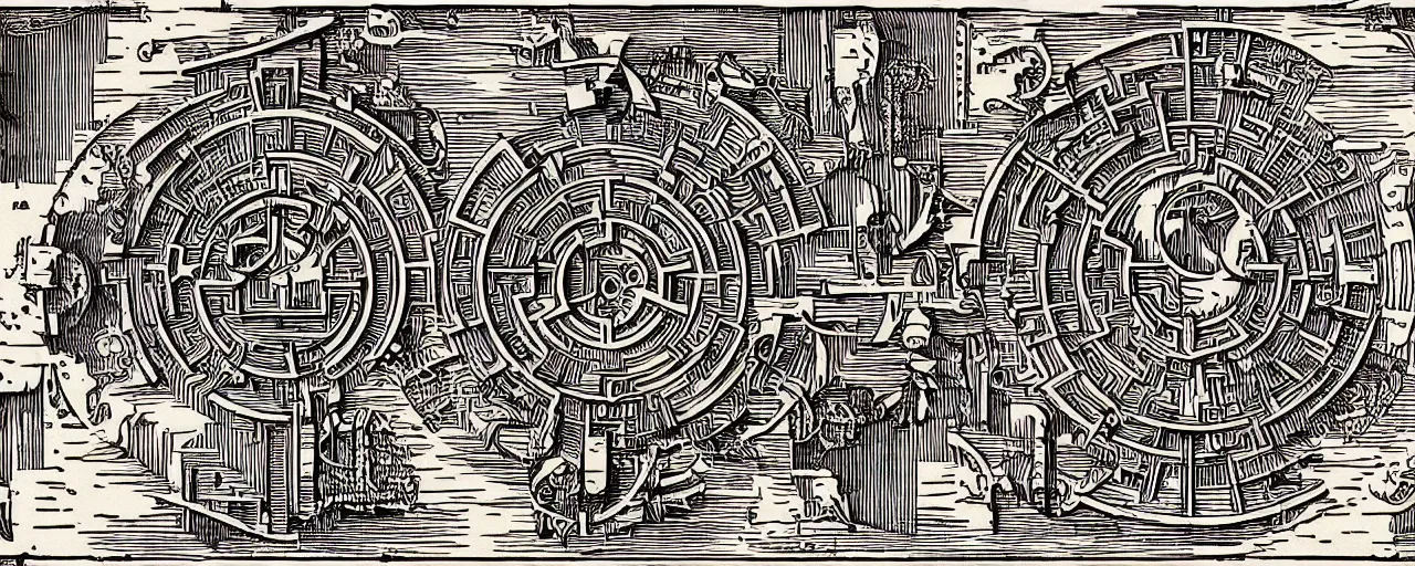 Image similar to isometric view of a highly detailed cnc mill woodcut of a hyperdimensional labyrinth maze with a steampunk minotaur in the center