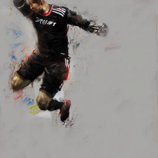 Image similar to A realistic hyperdetailed multi-colored digital oil full body portrait painting of a fat goal keeper jumping saving a shot, black jersey, short hair, in the style of Guy Denning, Ruan Jia, and Craig Mullins. Trending on ArtStation and DeviantArt. CGSociety Digital art.