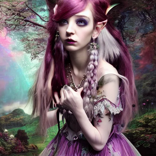 Image similar to Ethereal, mysterious stunning maximalist mesmerizing elven girl with elf ears from the rainbow sky paradise, high-tech, professional high fashion model photo shoot for Victorian gothic lolita fashion, hyperdetailed by Mark Ryden, artgerm, Hiroyuki-Mitsume Takahashi, WLOP, Goto Fujita, 奈良美智, Pixiv 3DCG, DAZ Studio, close-up 35mm macro shot, hyperrealism, 8k resolution 3D, cinematic, dynamic lighting, octane render, unreal engine 5