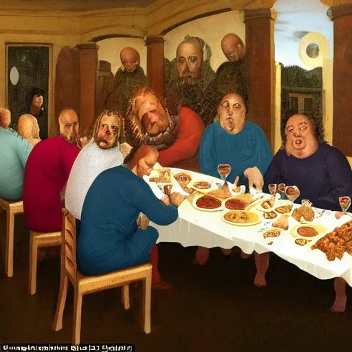 Image similar to the last supper, featuring Andy The Pieman Smith, who was eaten all the food and the other guests look horrified