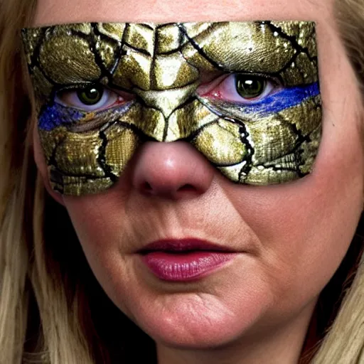 Prompt: A portrait of (Liz Truss) as a reptilian, lizard, snake eyes, slit pupils, metallic scales, human-animal hybrid, hyperrealistic, horror