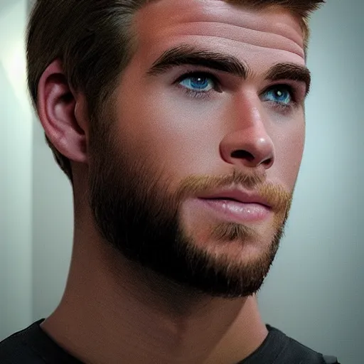 Image similar to “a realistic detailed photo of a guy who is an attractive humanoid who is half robot and half humanoid, who is a male android, actor Liam Hemsworth, shiny skin, posing like a statue, blank stare, at the museum, on display”