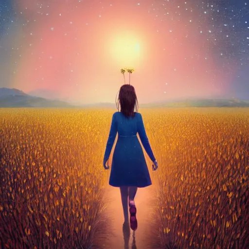 Image similar to giant daisy flowers as a head, girl walking in wheat field, hills, surreal photography, moon light, dark night, star trails, dramatic light, impressionist painting, clouds, digital painting, artstation, simon stalenhag