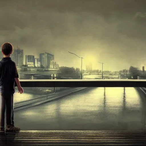 Image similar to a lonely boy on a city bridge looking to the river at night, digital painting, masterpiece, digital art, hyperrealistic, concept art, octane render, unreal engine 5, trending on deviantart, sad atmosphere, centered, anatomically correct, oil painting, high contrast, serene scenery, loneliness