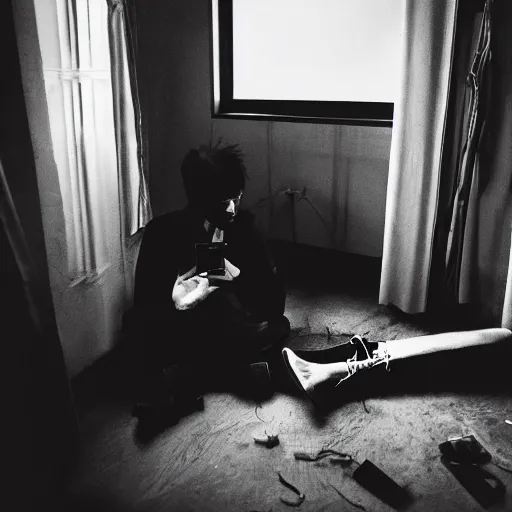 Prompt: a skinny goth guy sitting on the floor of his room, crossed legs, laptop, smartphone, video games, tv, faded effect, photograph, kodak film, realism,