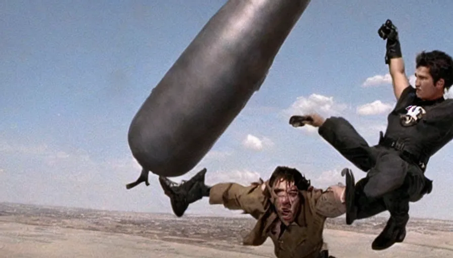 Image similar to Big budget movie scene, the hero clings to a flying nuclear missile as he tries to disarm it