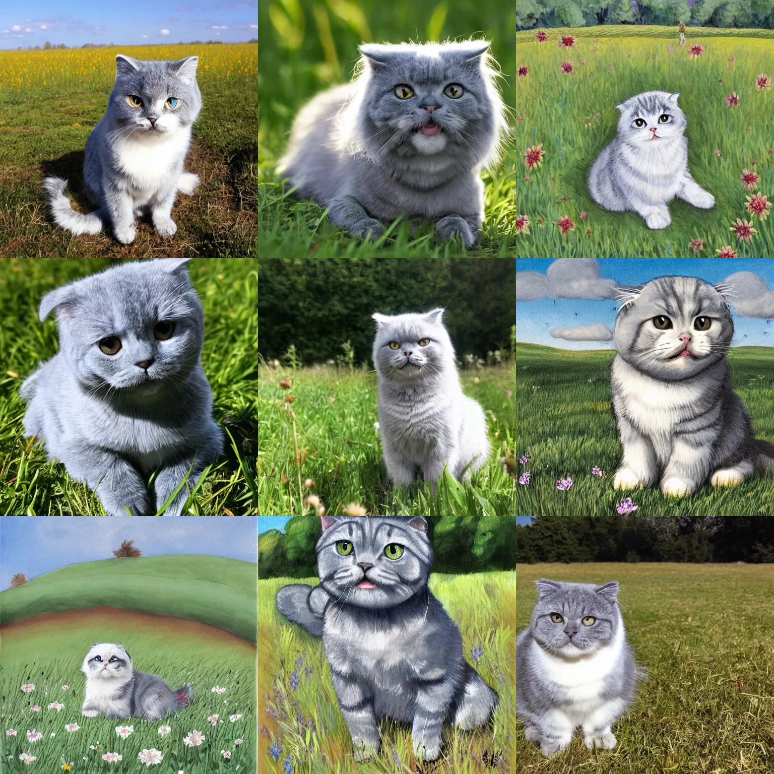 Prompt: a gray scottish fold sitting in the middle of sunny meadow, by sal buscema