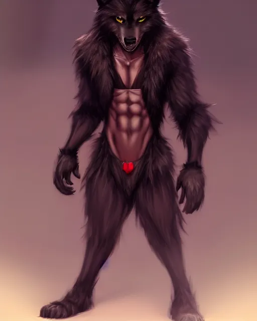 Image similar to character concept art of a black anthropomorphic furry male wolf with red hair | | handsome - fine - face, pretty face, key visual, realistic shaded perfect face, fine details by stanley artgerm lau, wlop, rossdraws, james jean, andrei riabovitchev, marc simonetti, and sakimichan, trending on artstation