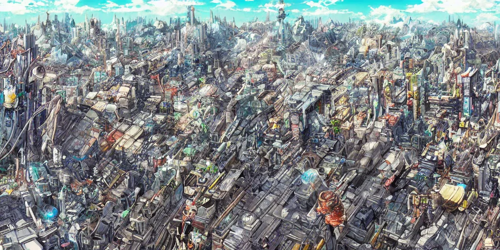 Prompt: Wide angle shot of a densely packed futuristic city, landscape, sci-fi, cyberpunk, Digital art, detailed, anime, artist Katsuhiro Otomo