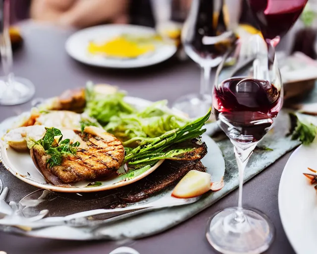 Prompt: 8 5 mm food photography of a plate of grilled car and mustard at a restaurant with dof and bokeh and wine glasses o