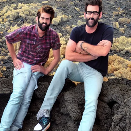 Prompt: rhett and link in a volcano