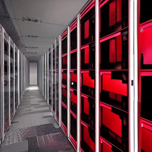 Image similar to evil server room, screen with ai face on it, dark, red lighting
