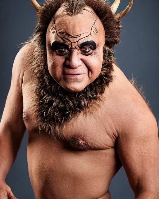 Image similar to actor Danny Devito in Elaborate Pan Satyr Goat Man Makeup and prosthetics designed by Rick Baker with young blonde Steve Reeves as Hercules, Hyperreal, Photographed in the Style of Annie Leibovitz, Studio Lighting