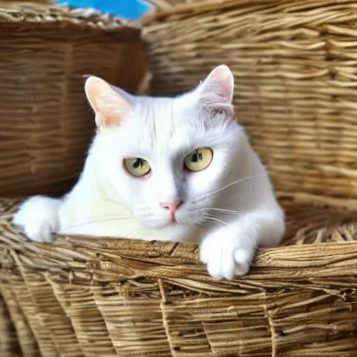 Prompt: Vietnamese white cat wearing a rice hat