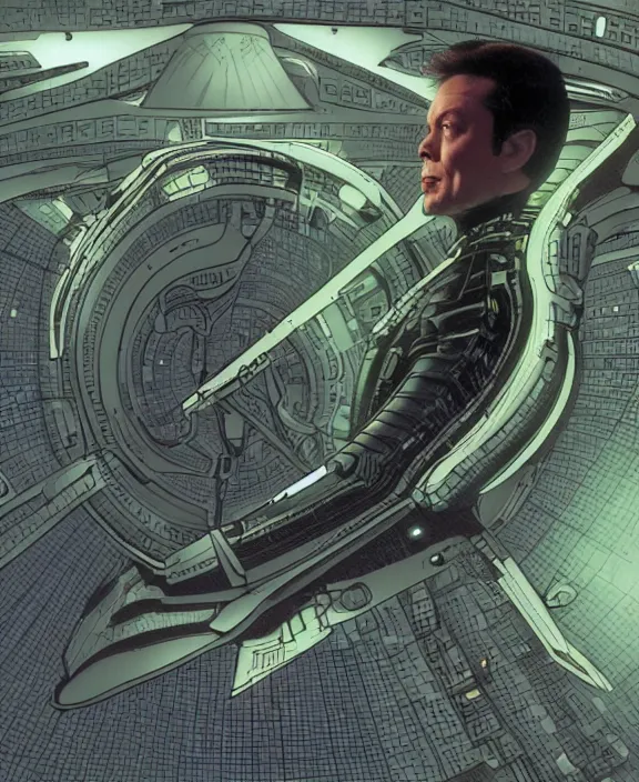 Image similar to Elon Musk as a borg drone in Star Trek: Voyager by Moebius, 4k resolution, detailed