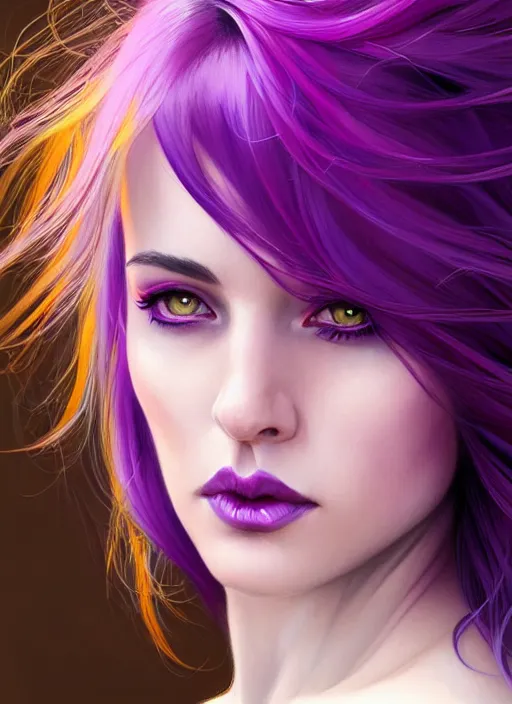 Image similar to Purple hair Portrait of a woman with bright colored flying hair, all shades of purple. Hair coloring, amber eyes, face, long hair, fantasy, intricate, elegant, highly detailed, digital painting, artstation, concept art, smooth, sharp focus, illustration, art by artgerm and greg rutkowski and alphonse mucha