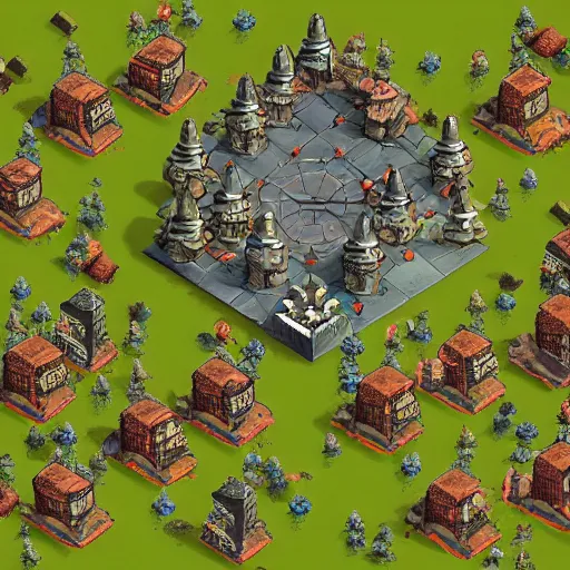 Image similar to Evil mage is standing on top of his tower, raising hands up high and leading his horde of zombies to outer lands. Isometric, high angle, big scale battle map. Highly detailed digital art, unreal engine.