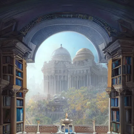 Prompt: beautiful painting of the view from the second floor, looking out over extravagant grandeur of the library of alexandria, light pouring in from skylight and wall of windows. wide angle. incredible detail. volumetric lighting. by tyler edlin, trending on artstation