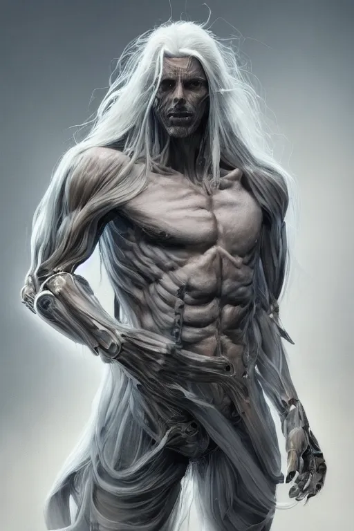 Image similar to a portrait of a toned male half human half mechanical with long white hair and with joints with visible joints by greg rutkowski, sung choi, mitchell mohrhauser, maciej kuciara, johnson ting, maxim verehin, peter konig, bloodborne, 8 k photorealistic, cinematic lighting, hd, high details, dramatic, dark atmosphere, trending on artstation