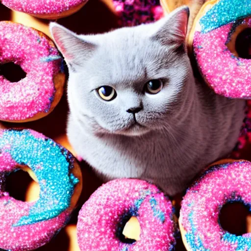 Prompt: a blue british shorthair cat diving into a pile of pink sprinkle donuts, photo, photorealistic,