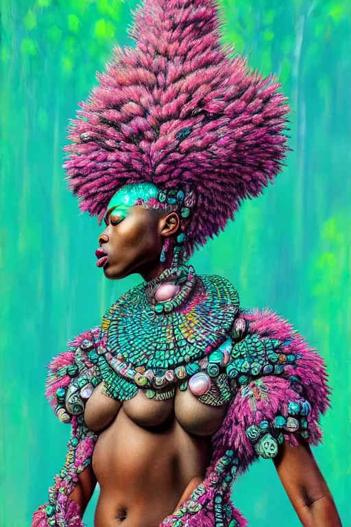 Image similar to hyperrealistic post - maximalist masterpiece super expressive! yoruba goddess with pink exoskeleton armor, merging with tree in a forest, highly detailed digital art cinematic, smooth cam de leon eric zener dramatic pearlescent soft teal light, ground angle hd 8 k, sharp focus