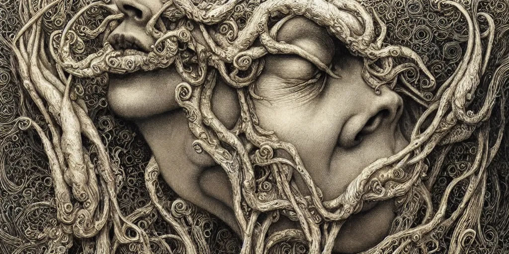 Image similar to detailed realistic beautiful tyrolean farmer hay monster god face portrait by jean delville, gustave dore, iris van herpen and marco mazzoni, art forms of nature by ernst haeckel, art nouveau, symbolist, visionary, gothic, neo - gothic, pre - raphaelite, fractal lace, biodiversity, surreality, hyperdetailed ultrasharp octane render